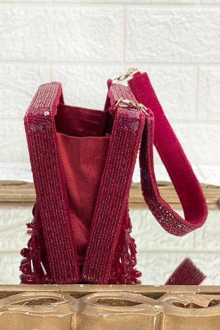 Kainiche By Mehak_Maroon Bead Embellished Tasselled Box Bag _Online_at_Aza_Fashions