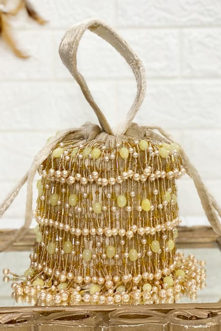 Kainiche by Mehak Gold Stone Pearl Embellished Tasselled Potli Bag