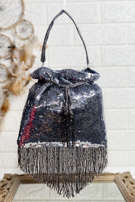 Kainiche by Mehak Grey Cut Dana And Sequin Embellished Tasselled Potli Bag 