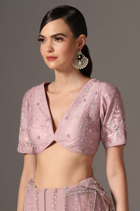 Yashodhara_Purple Silk, Net Cut Work, Sequins V-neck Cutdana Embroidered Saree With Blouse _at_Aza_Fashions