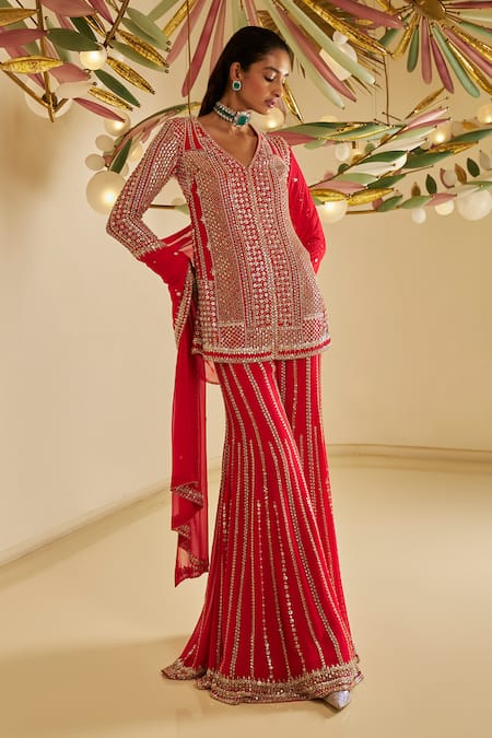 Seema Gujral Red Georgette Embroidery Sequins V Neck Kurta Sharara Set 