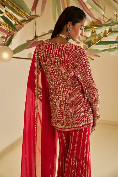 Shop Seema Gujral Red Georgette Sequins, Beads, Embroidery V-neck Kurta Sharara Set at Aza Fashions Shop_Seema Gujral_Red Georgette Sequins, Beads, Embroidery V-neck Kurta Sharara Set_at_Aza_Fashions