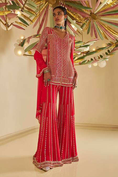 Seema Gujral Red Georgette Sequins, Beads, Embroidery V-neck Kurta Sharara Set Online at Aza Fashions Seema Gujral_Red Georgette Sequins, Beads, Embroidery V-neck Kurta Sharara Set_Online_at_Aza_Fashions