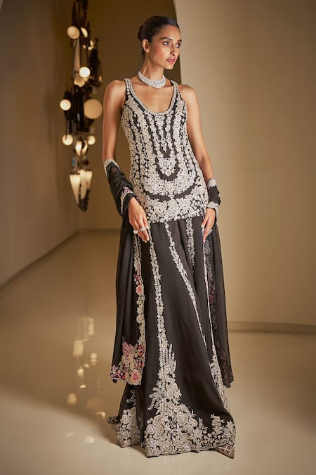 Seema Gujral Black Georgette Embroidery Silver Thread Deep Floral Crystal Kurta Sharara Set 