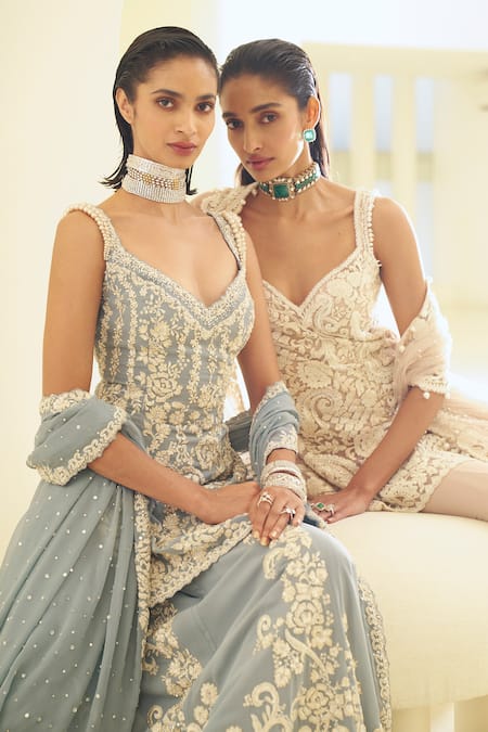 Buy_Seema Gujral_Blue Georgette Pearls, Sequins V-neck Floral Bloom Embroidered Tunic Sharara Set _Online_at_Aza_Fashions
