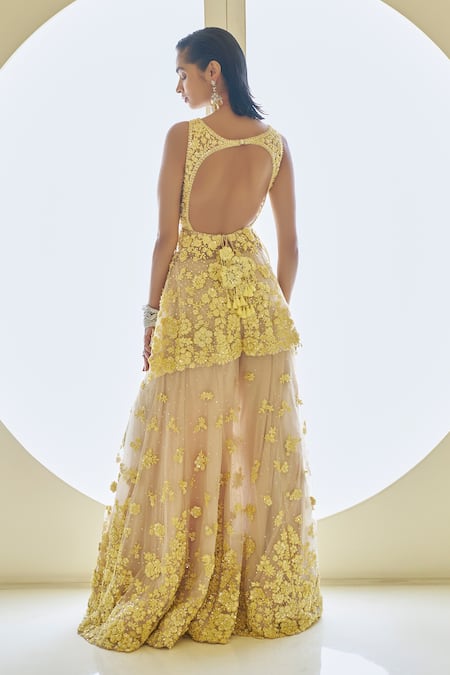 Seema Gujral_Yellow Net Sequins, Beads, Embroidery V-neck Flower Peplum Tunic Sharara Set _Online_at_Aza_Fashions