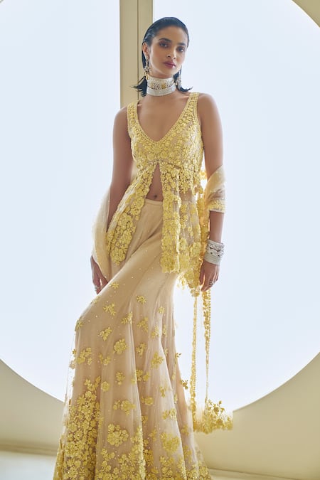 Shop_Seema Gujral_Yellow Net Sequins, Beads, Embroidery V-neck Flower Peplum Tunic Sharara Set _Online_at_Aza_Fashions