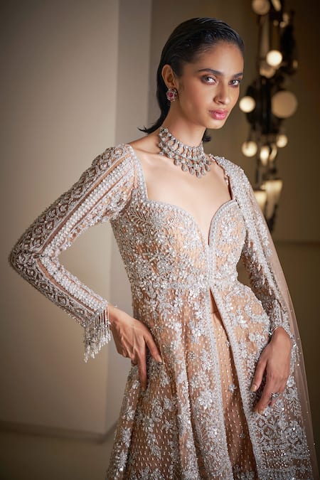 Shop Seema Gujral Beige Net Sequins, Pearls Sweetheart Neck And Embroidered Kurta Sharara Set Online at Aza Fashions Shop_Seema Gujral_Beige Net Sequins, Pearls Sweetheart Neck And Embroidered Kurta Sharara Set_Online_at_Aza_Fashions