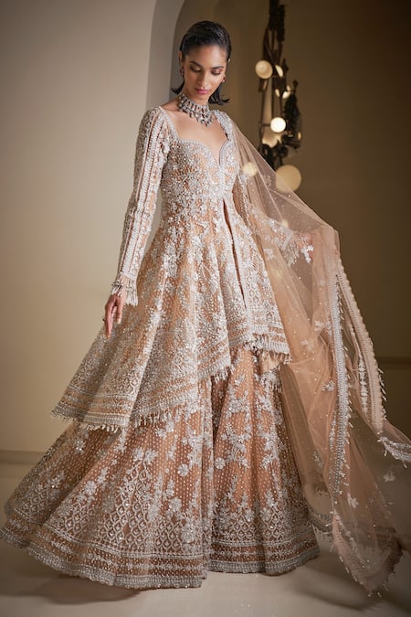 Buy Seema Gujral Beige Net Sequins, Pearls Sweetheart Neck And Embroidered Kurta Sharara Set Buy_Seema Gujral_Beige Net Sequins, Pearls Sweetheart Neck And Embroidered Kurta Sharara Set