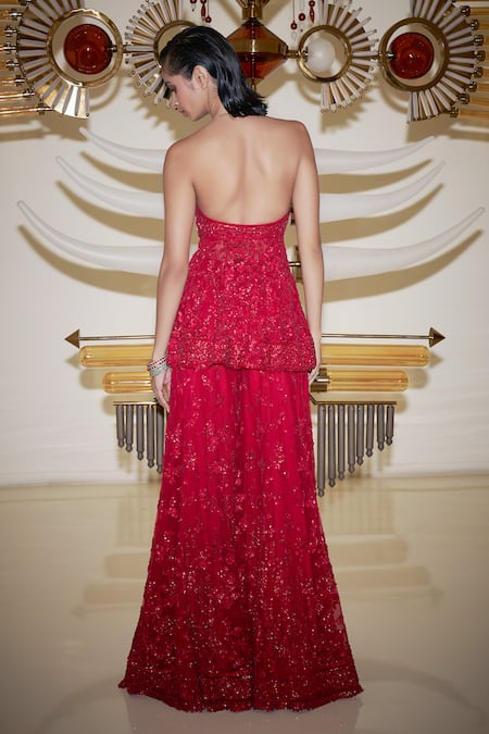 Seema Gujral_Red Net Sequins, Beads Sweetheart Neck 3d Embroidered Tunic Sharara Set _Online_at_Aza_Fashions