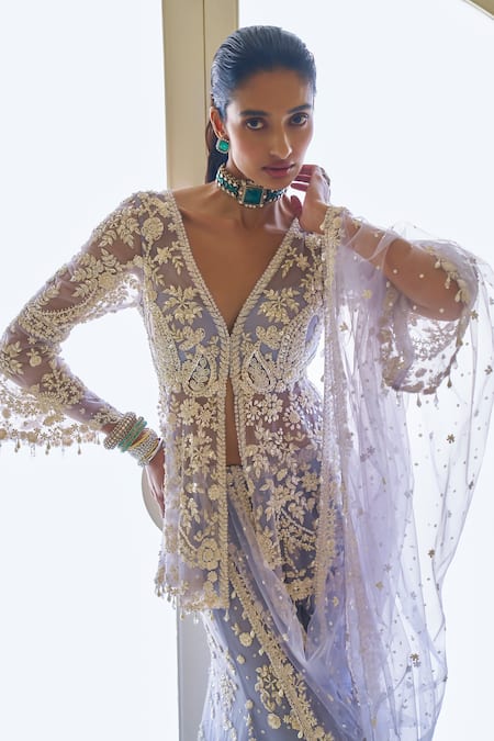 Seema Gujral_Purple Net Sequins, Pearls V-neck Floral Vine Embroidered Peplum Sharara Set _Online_at_Aza_Fashions