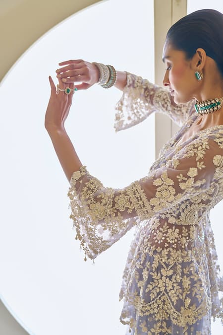 Buy_Seema Gujral_Purple Net Sequins, Pearls V-neck Floral Vine Embroidered Peplum Sharara Set _Online_at_Aza_Fashions