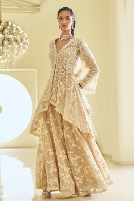 Buy_Seema Gujral_Beige Net Sequins, Pearls, Paisley Embroidered High-low Jacket Sharara Set _Online_at_Aza_Fashions