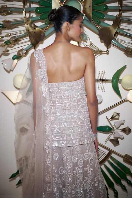 Seema Gujral_White Net Sequins Bandeau Geometric Embroidered Strapless Kurta Sharara Set _Online_at_Aza_Fashions