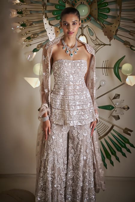 Buy_Seema Gujral_White Net Sequins Bandeau Geometric Embroidered Strapless Kurta Sharara Set _Online_at_Aza_Fashions