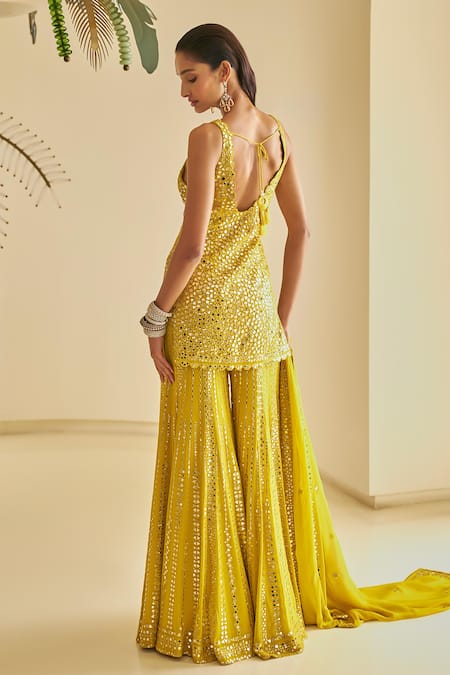 Seema Gujral Yellow Georgette Sequins, Mirrors V-neck Embellished Kurta Sharara Set Online at Aza Fashions Seema Gujral_Yellow Georgette Sequins, Mirrors V-neck Embellished Kurta Sharara Set _Online_at_Aza_Fashions