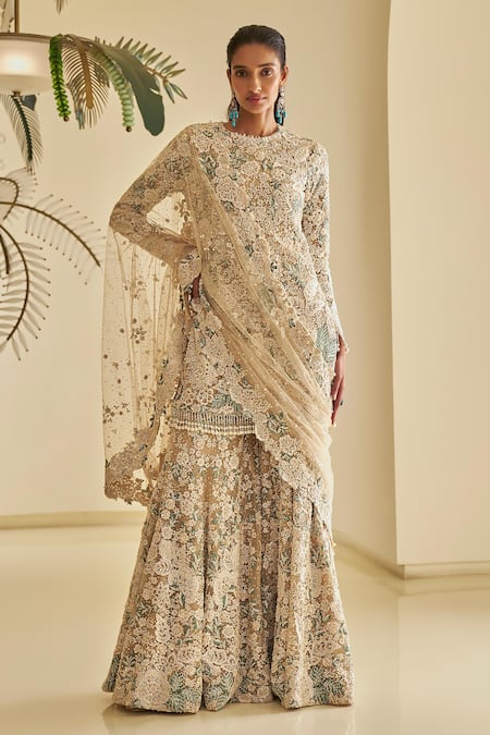 Seema Gujral Floral Pearl Embellished Kurta Sharara Set 