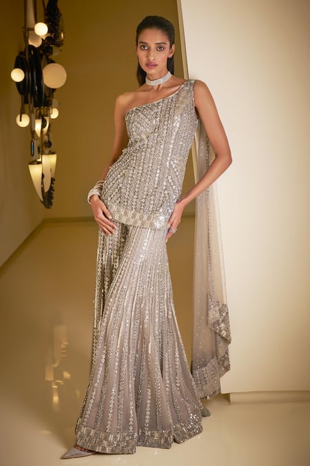 Seema Gujral Sequin Embroidered One Shoulder Kurta With Sharara 