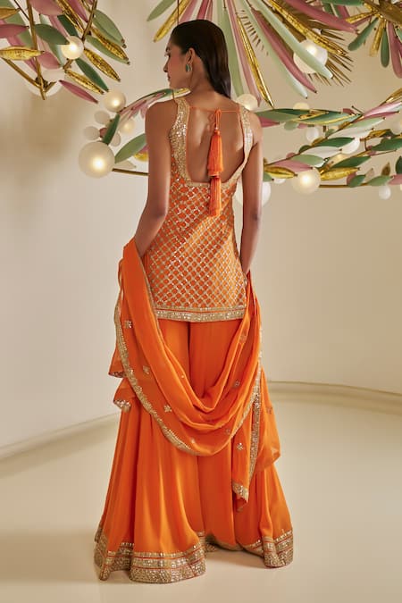 Shop Seema Gujral Orange Georgette Sequins, Gota Patti V-neck Embroidered Kurta Sharara Set at Aza Fashions Shop_Seema Gujral_Orange Georgette Sequins, Gota Patti V-neck Embroidered Kurta Sharara Set_at_Aza_Fashions