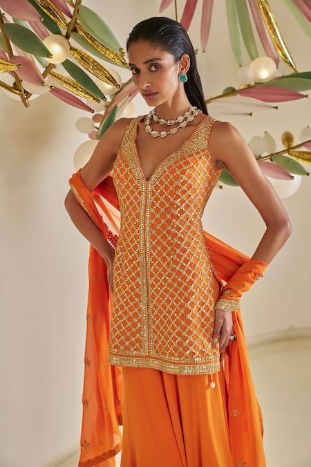 Seema Gujral Orange Georgette Sequins, Gota Patti V-neck Embroidered Kurta Sharara Set Online at Aza Fashions Seema Gujral_Orange Georgette Sequins, Gota Patti V-neck Embroidered Kurta Sharara Set_Online_at_Aza_Fashions