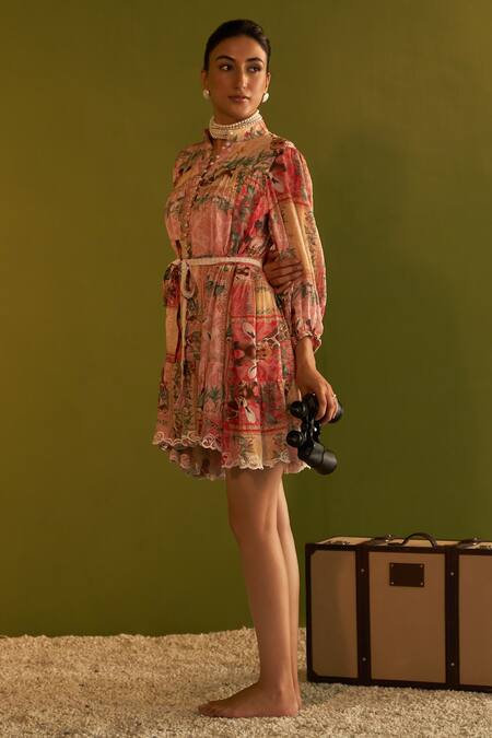 Buy_Sage Saga_Pink Modal Pearls Collared Cleo Printed Cutwork Dress With Belt _Online_at_Aza_Fashions