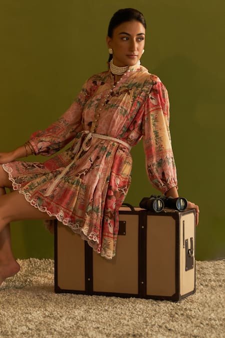 Shop_Sage Saga_Pink Modal Pearls Collared Cleo Printed Cutwork Dress With Belt _Online_at_Aza_Fashions