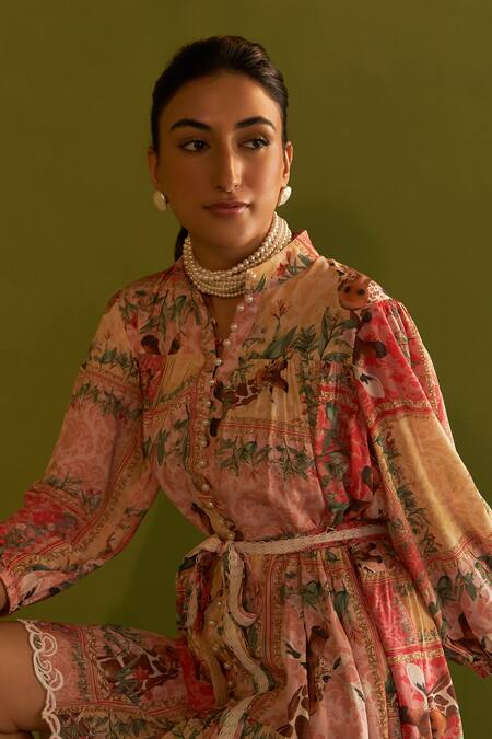 Sage Saga_Pink Modal Pearls Collared Cleo Printed Cutwork Dress With Belt _at_Aza_Fashions