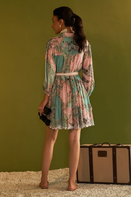 Shop Sage Saga Blue Modal Pearls Collared Coco Floral Print Cutwork Dress With Belt at Aza Fashions Shop_Sage Saga_Blue Modal Pearls Collared Coco Floral Print Cutwork Dress With Belt _at_Aza_Fashions