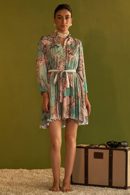 Sage Saga Blue Modal Pearls Collared Coco Floral Print Cutwork Dress With Belt Online at Aza Fashions Sage Saga_Blue Modal Pearls Collared Coco Floral Print Cutwork Dress With Belt _Online_at_Aza_Fashions