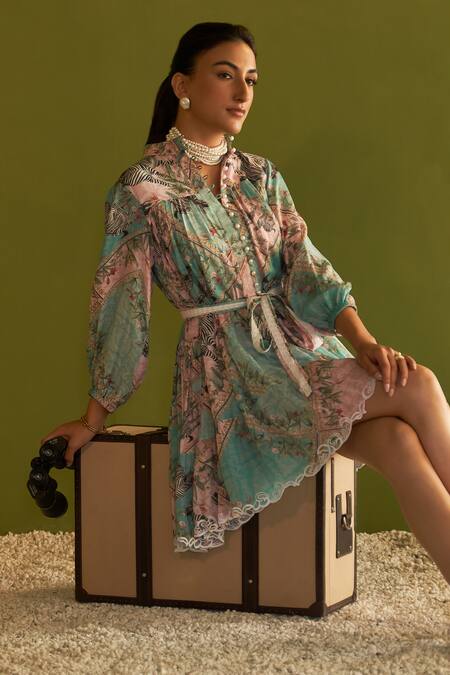 Sage Saga Blue Modal Pearls Collared Coco Floral Print Cutwork Dress With Belt at Aza Fashions Sage Saga_Blue Modal Pearls Collared Coco Floral Print Cutwork Dress With Belt _at_Aza_Fashions