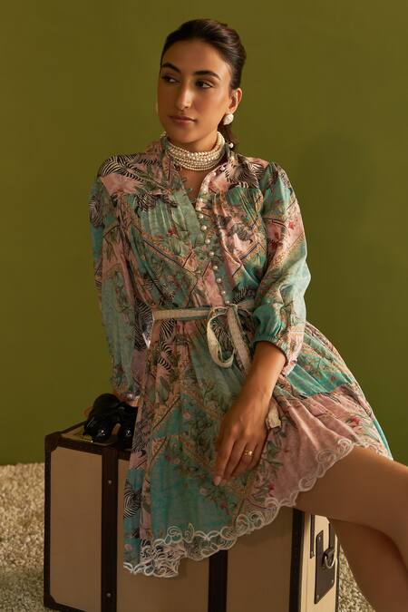 Buy Sage Saga Blue Modal Pearls Collared Coco Floral Print Cutwork Dress With Belt Buy_Sage Saga_Blue Modal Pearls Collared Coco Floral Print Cutwork Dress With Belt