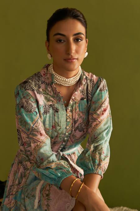 Shop Sage Saga Blue Modal Pearls Collared Coco Floral Print Cutwork Dress With Belt Shop_Sage Saga_Blue Modal Pearls Collared Coco Floral Print Cutwork Dress With Belt