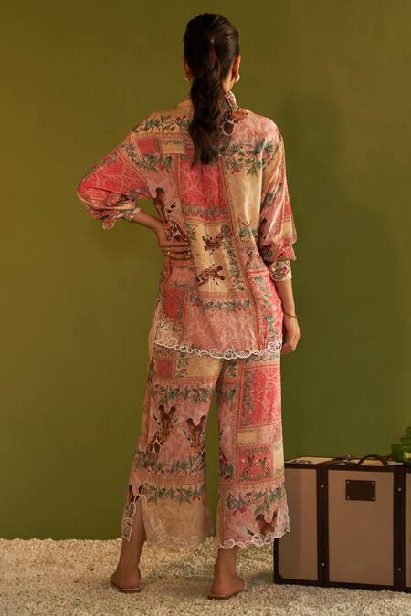 Shop Sage Saga Pink Modal Printed Floral Collared Cleo Pearl Button Shirt at Aza Fashions Shop_Sage Saga_Pink Modal Printed Floral Collared Cleo Pearl Button Shirt_at_Aza_Fashions