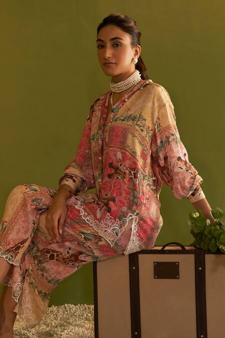 Sage Saga Pink Modal Printed Floral Collared Cleo Pearl Button Shirt at Aza Fashions Sage Saga_Pink Modal Printed Floral Collared Cleo Pearl Button Shirt_at_Aza_Fashions