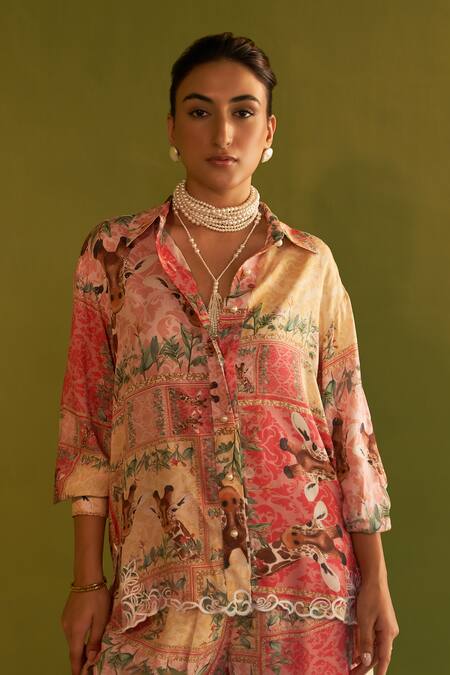Buy Sage Saga Pink Modal Printed Floral Collared Cleo Pearl Button Shirt Buy_Sage Saga_Pink Modal Printed Floral Collared Cleo Pearl Button Shirt