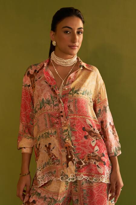 Shop Sage Saga Pink Modal Printed Floral Collared Cleo Pearl Button Shirt Shop_Sage Saga_Pink Modal Printed Floral Collared Cleo Pearl Button Shirt