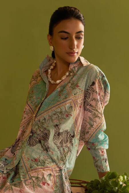 Buy_Sage Saga_Blue Modal Pearls Collared Coco Button Printed Shirt