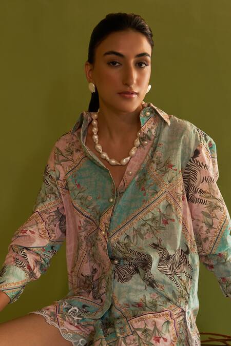 Shop_Sage Saga_Blue Modal Pearls Collared Coco Button Printed Shirt