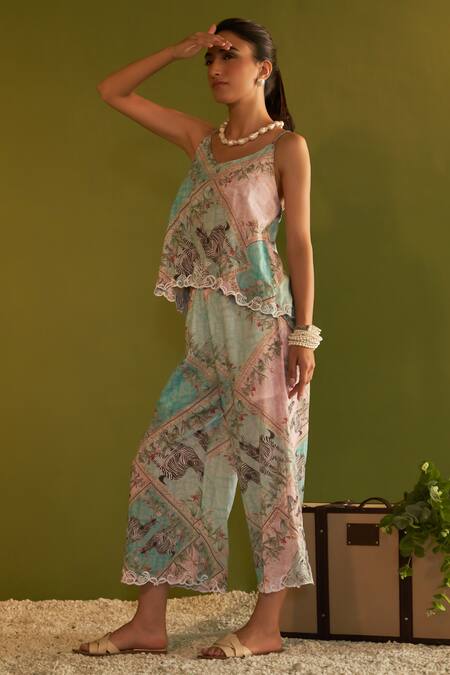 Buy Sage Saga Blue Modal Lace V-neck Coco Printed Cutwork Camisole Top Buy_Sage Saga_Blue Modal Lace V-neck Coco Printed Cutwork Camisole Top