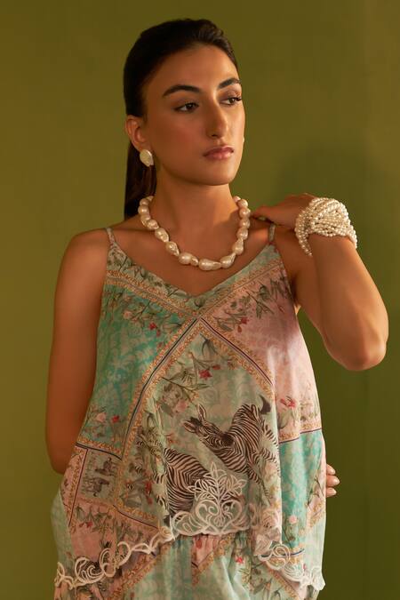 Shop Sage Saga Blue Modal Lace V-neck Coco Printed Cutwork Camisole Top Shop_Sage Saga_Blue Modal Lace V-neck Coco Printed Cutwork Camisole Top