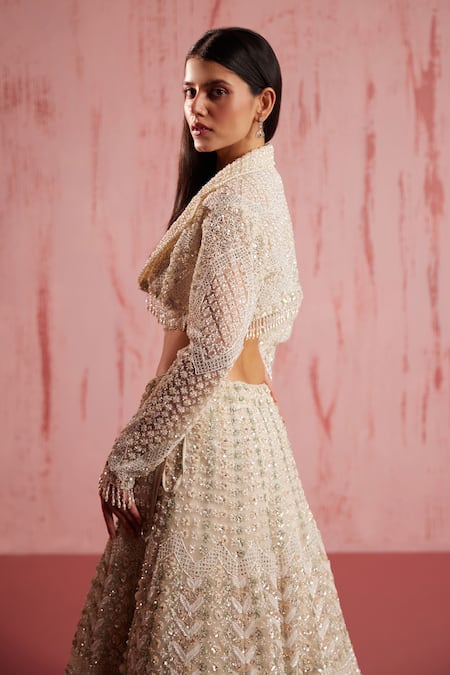 Roqa_Ivory Net Sequins, Beads, Aiden Bloom Embroidered Crop Jacket Lehenga Set _at_Aza_Fashions
