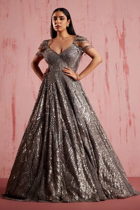 Roqa Amber Metallic Sequins Embellished Gown 