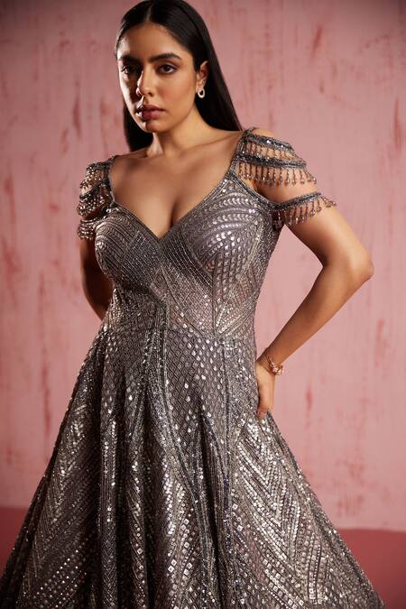 Buy_Roqa_Silver Net Beads, Sequins Round Neck Amber Metallic Embellished Gown _Online_at_Aza_Fashions
