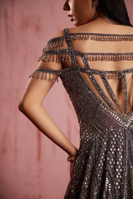 Shop_Roqa_Silver Net Beads, Sequins Round Neck Amber Metallic Embellished Gown _Online_at_Aza_Fashions