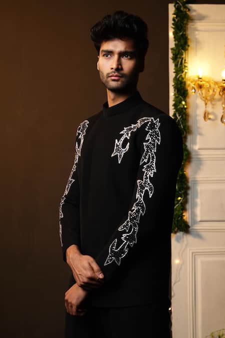 Buy_Sanjana Reddy Designs_Black Poly Italian Embroidery Cutdana Bandhgala Set  _Online_at_Aza_Fashions