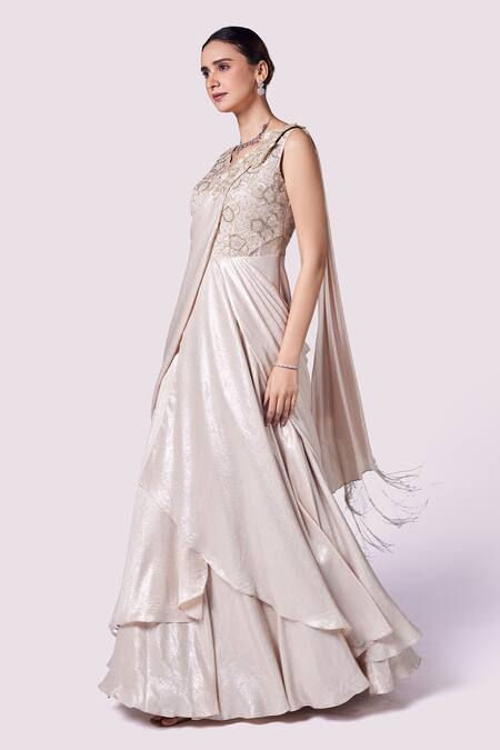 Onaya_Beige Lurex, Lycra Cut Work, Beads V-neck Layered Embellished Saree Gown_Online_at_Aza_Fashions