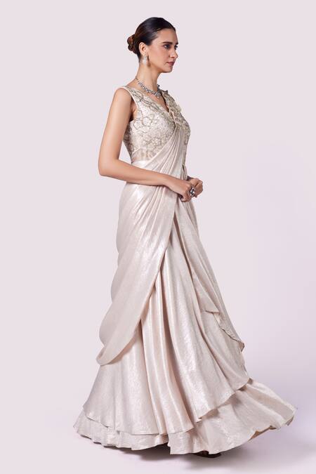 Buy_Onaya_Beige Lurex, Lycra Cut Work, Beads V-neck Layered Embellished Saree Gown_Online_at_Aza_Fashions