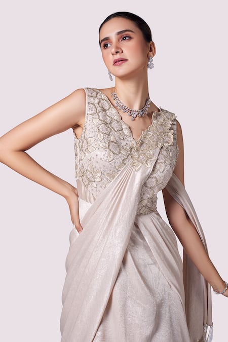 Shop_Onaya_Beige Lurex, Lycra Cut Work, Beads V-neck Layered Embellished Saree Gown_Online_at_Aza_Fashions