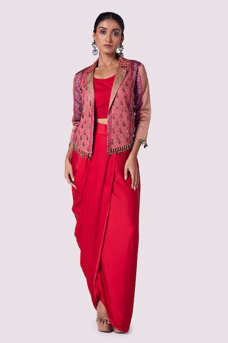 Onaya Embroidered Jacket Draped Skirt Set 