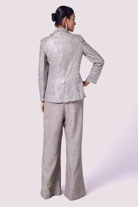 Shop_Onaya_Grey Silk Embellished Sequin Lapel Collar And Cutdana Embroidered Blazer Pant Set_at_Aza_Fashions